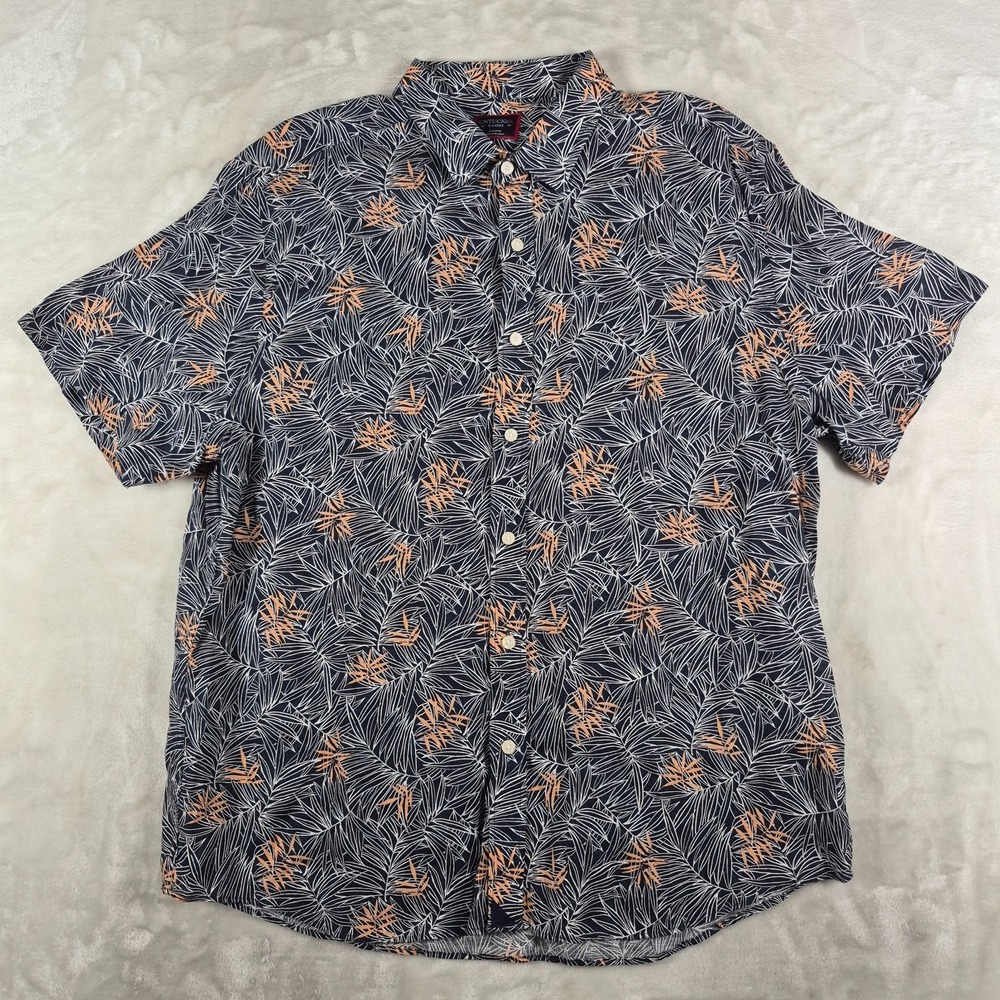 UNTUCKit Button Up‎ Shirt Men's XL Blue 100% Linen Durize Short Sleeve Leaf AOP